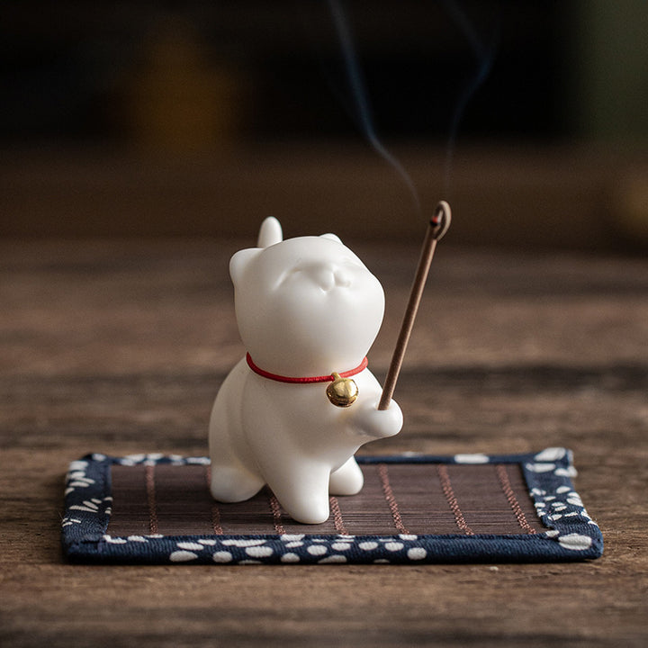 Buddha Stones Mini Lucky Cat Kitten Tea Pet Ceramic Home Desk Figurine Decoration With Bamboo Mat - image 2