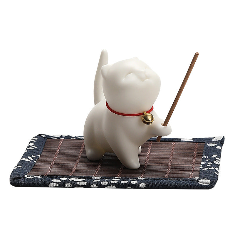 Buddha Stones Mini Lucky Cat Kitten Tea Pet Ceramic Home Desk Figurine Decoration With Bamboo Mat - image 10