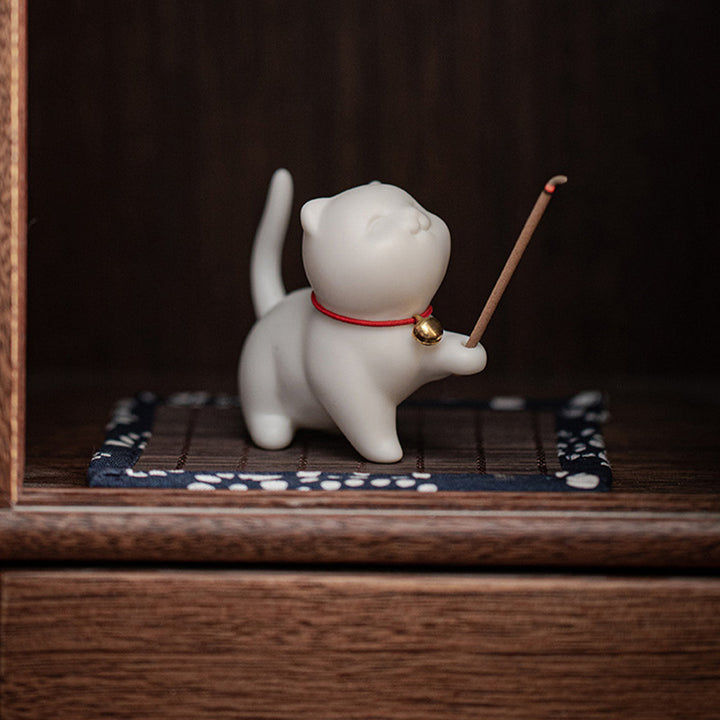 Buddha Stones Mini Lucky Cat Kitten Tea Pet Ceramic Home Desk Figurine Decoration With Bamboo Mat - image 5