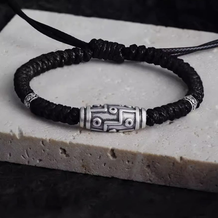 Buddha Stones 999 Sterling Silver Nine-Eye Dzi Bead Pattern Blessing Rope Bracelet - 14-23cm - image 0