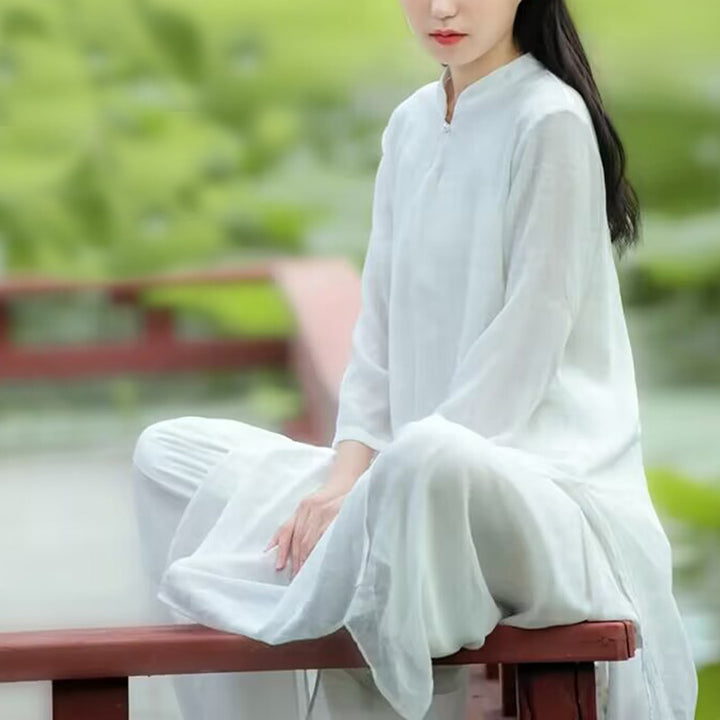 Buddha Stones 2Pcs White Tai Chi Meditation Yoga Zen Cotton Linen Clothing Top Pants Women's Set - image 11