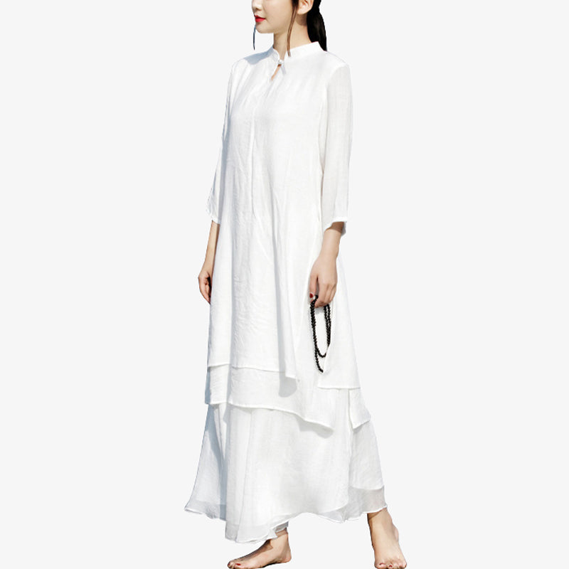 Buddha Stones 2Pcs White Tai Chi Meditation Yoga Zen Cotton Linen Clothing Top Pants Women's Set - image 14