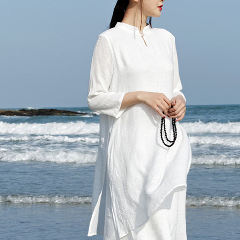 Buddha Stones 2Pcs White Tai Chi Meditation Yoga Zen Cotton Linen Clothing Top Pants Women's Set - image 4
