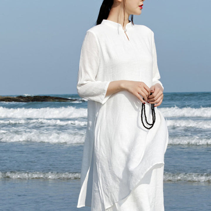 Buddha Stones 2Pcs White Tai Chi Meditation Yoga Zen Cotton Linen Clothing Top Pants Women's Set - image 4