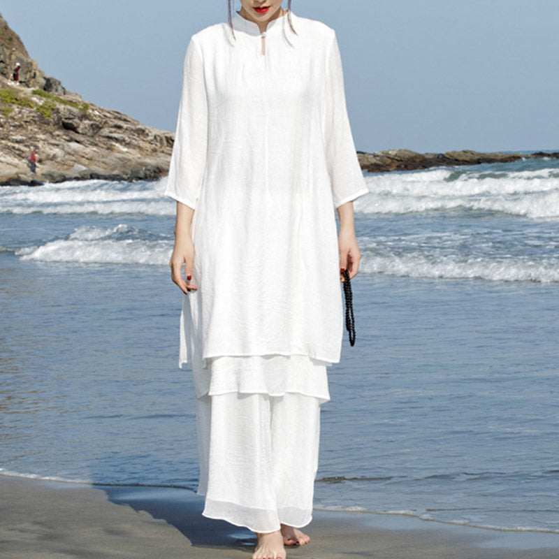 Buddha Stones 2Pcs White Tai Chi Meditation Yoga Zen Cotton Linen Clothing Top Pants Women's Set - image 3