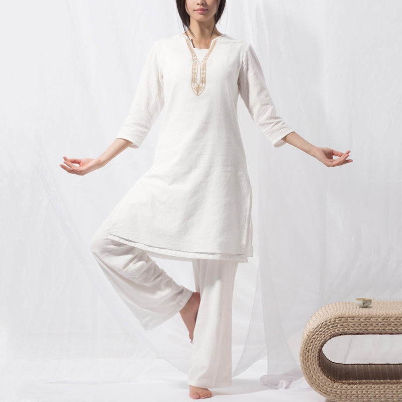Buddha Stones 2Pcs Tai Chi Meditation Yoga Cotton Clothing Top Pants Women's Set - White(Top&Pants) - US8-10，UK/AU12-14，EU40-42 (2XL) - image 1