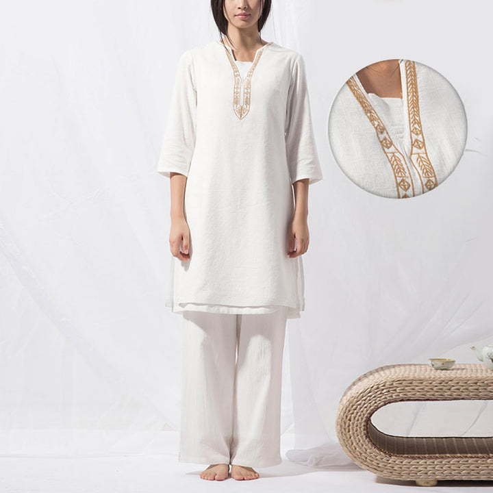 Buddha Stones 2Pcs Tai Chi Meditation Yoga Cotton Clothing Top Pants Women's Set