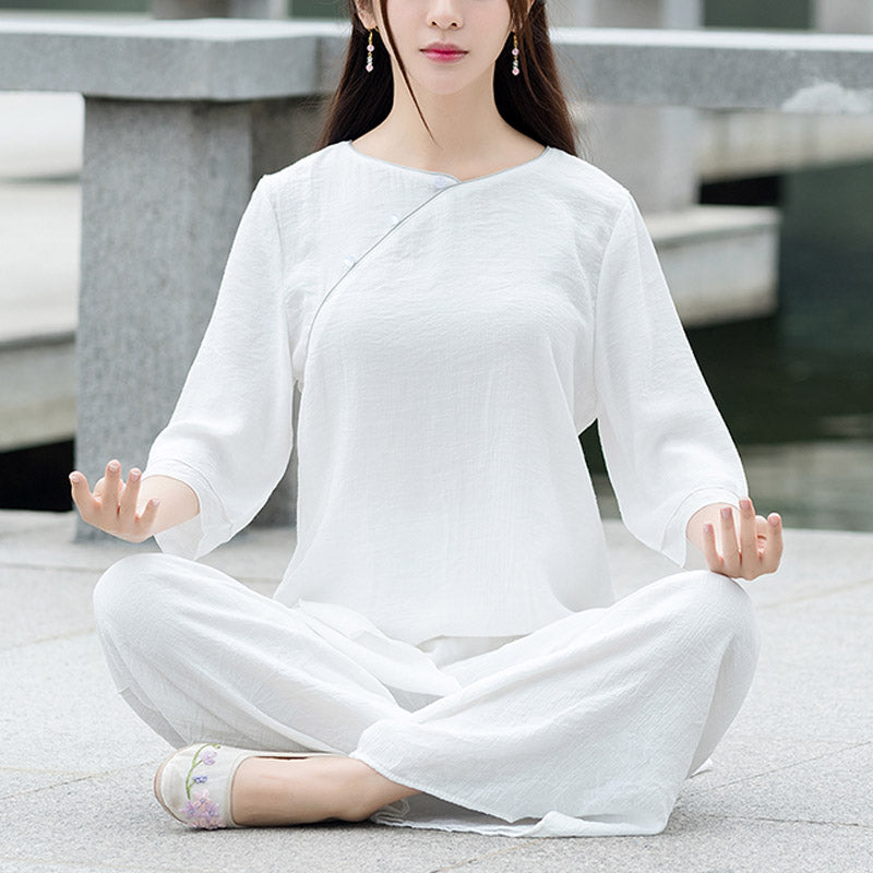 Buddha Stones 2Pcs Simple Design White Top Pants Meditation Yoga Zen Tai Chi Cotton Linen Clothing Women's Set - White(Top&Pants)-US8-10，UK/AU12-14，EU40-42 (3XL) - image 0