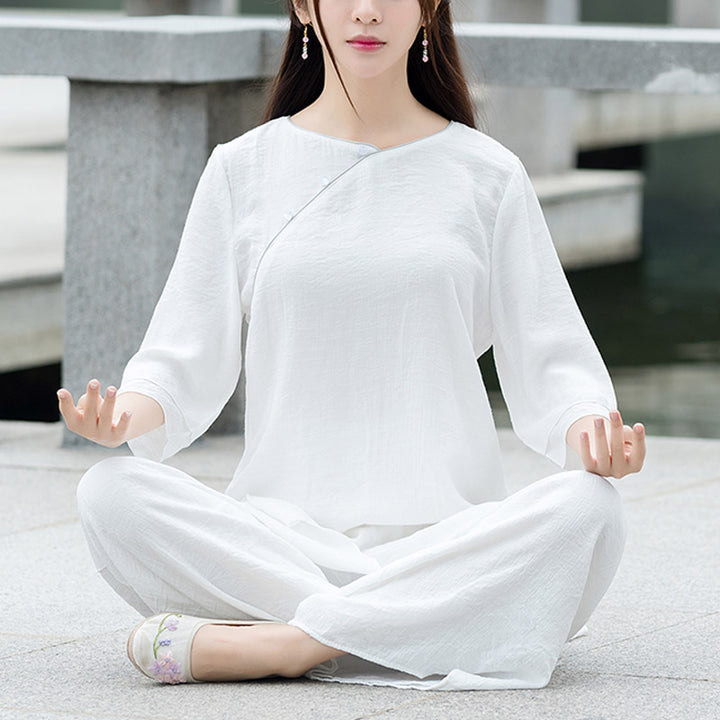 Buddha Stones 2Pcs Simple Design White Top Pants Meditation Yoga Zen Tai Chi Cotton Linen Clothing Women's Set - White(Top&Pants)-US8-10，UK/AU12-14，EU40-42 (3XL) - image 0