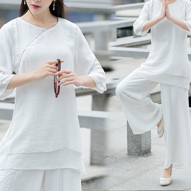 Buddha Stones 2Pcs Simple Design White Top Pants Meditation Yoga Zen Tai Chi Cotton Linen Clothing Women's Set - image 1
