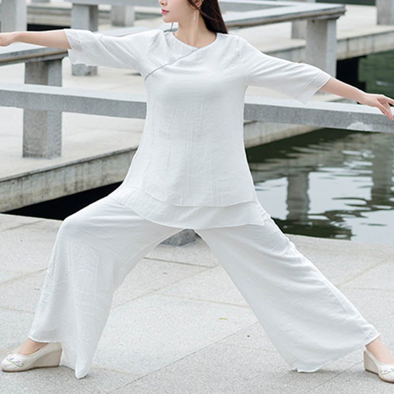 Buddha Stones 2Pcs Simple Design White Top Pants Meditation Yoga Zen Tai Chi Cotton Linen Clothing Women's Set - image 4