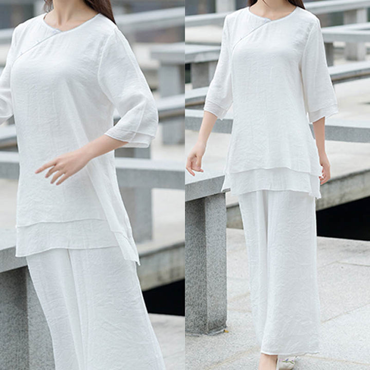 Buddha Stones 2Pcs Simple Design White Top Pants Meditation Yoga Zen Tai Chi Cotton Linen Clothing Women's Set - image 2