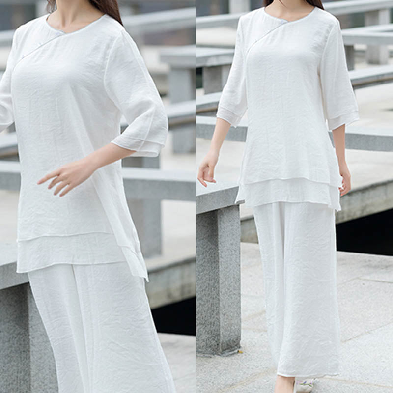 Buddha Stones 2Pcs Simple Design White Top Pants Meditation Yoga Zen Tai Chi Cotton Linen Clothing Women's Set