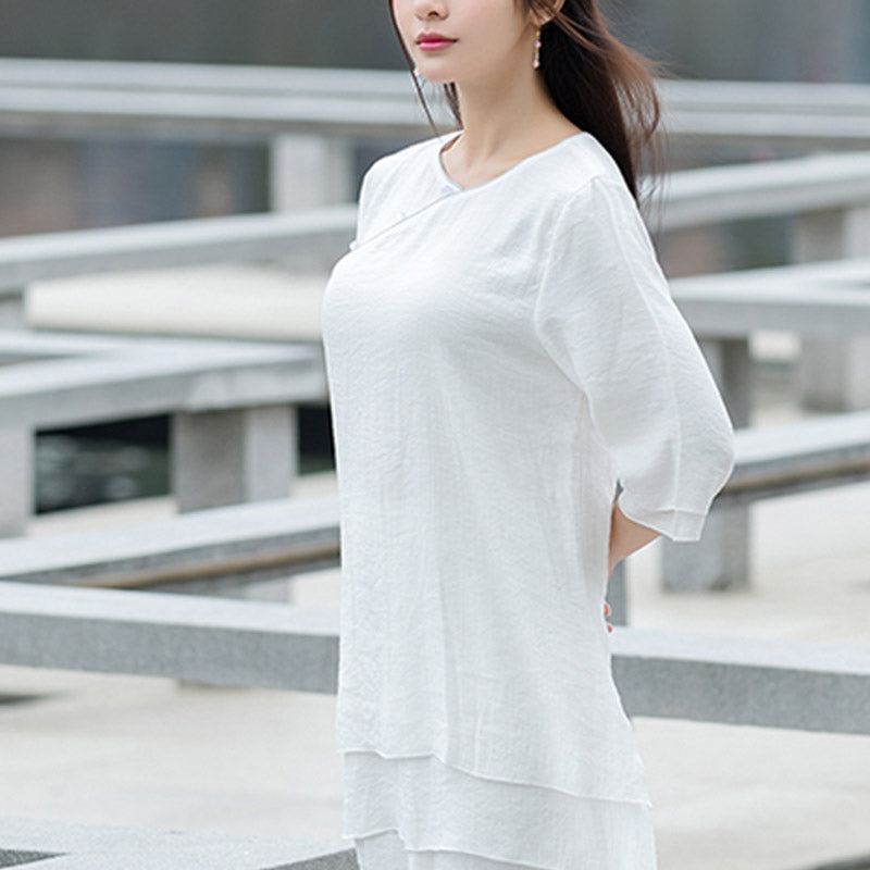 Buddha Stones 2Pcs Simple Design White Top Pants Meditation Yoga Zen Tai Chi Cotton Linen Clothing Women's Set - image 7