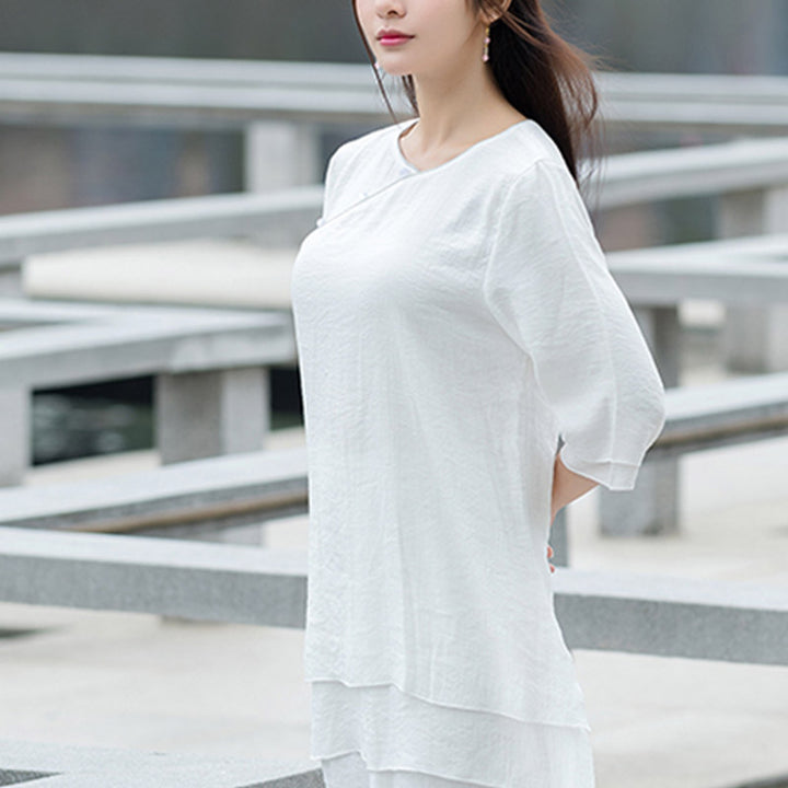 Buddha Stones 2Pcs Simple Design White Top Pants Meditation Yoga Zen Tai Chi Cotton Linen Clothing Women's Set - image 7