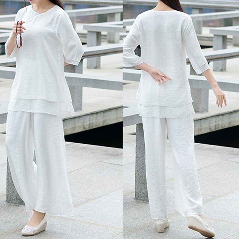 Buddha Stones 2Pcs Simple Design White Top Pants Meditation Yoga Zen Tai Chi Cotton Linen Clothing Women's Set