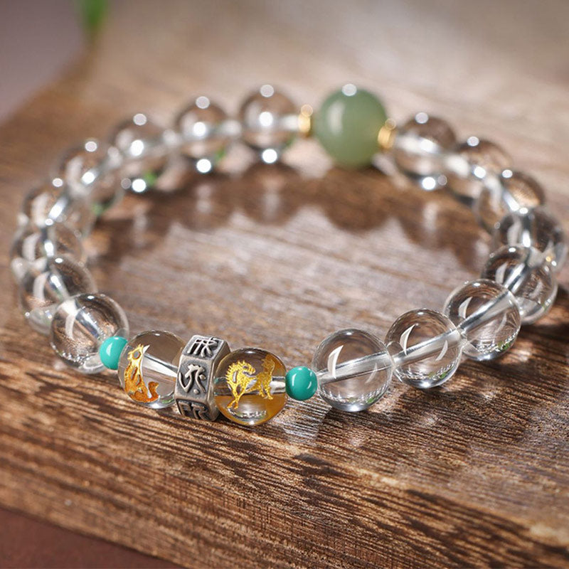Buddha Stones 925 Sterling Silver Chinese Zodiac Natal Buddha Auspicious Groups White Crystal Hetian Jade Healing Bracelet - image 2