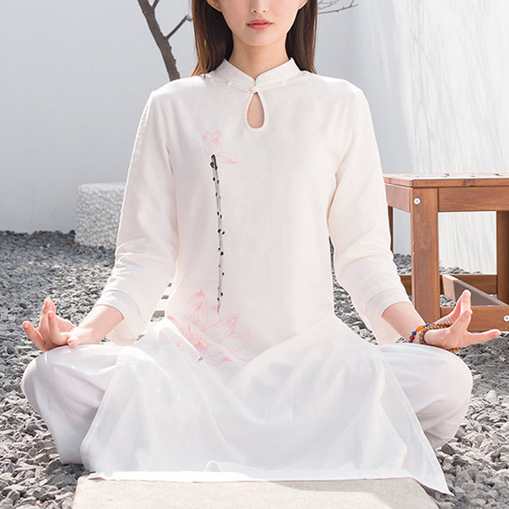 Buddha Stones 2Pcs Lotus Pattern Tai Chi Meditation Yoga Cotton Linen Clothing Top Pants Women's Set