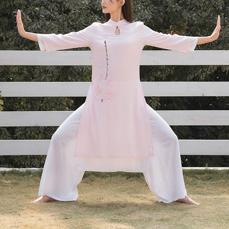 Buddha Stones 2Pcs Lotus Pattern Tai Chi Meditation Yoga Cotton Linen Clothing Top Pants Women's Set - image 16