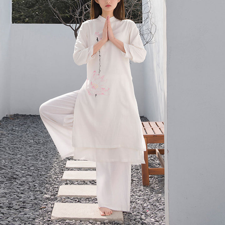 Buddha Stones 2Pcs Lotus Pattern Tai Chi Meditation Yoga Cotton Linen Clothing Top Pants Women's Set