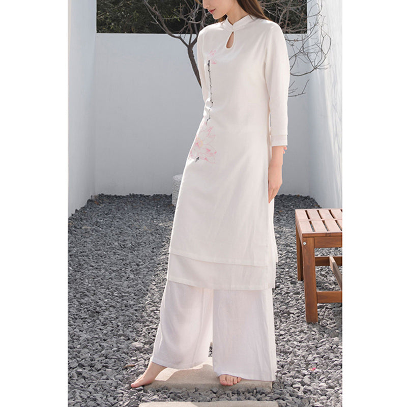 Buddha Stones 2Pcs Lotus Pattern Tai Chi Meditation Yoga Cotton Linen Clothing Top Pants Women's Set - image 3