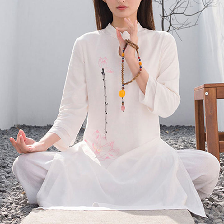 Buddha Stones 2Pcs Lotus Pattern Tai Chi Meditation Yoga Cotton Linen Clothing Top Pants Women's Set