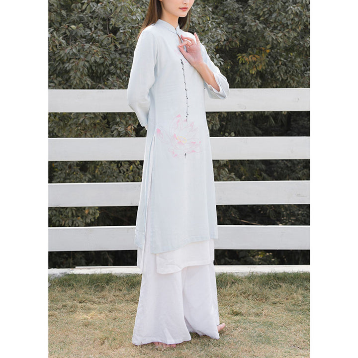 Buddha Stones 2Pcs Lotus Pattern Tai Chi Meditation Yoga Cotton Linen Clothing Top Pants Women's Set - image 13