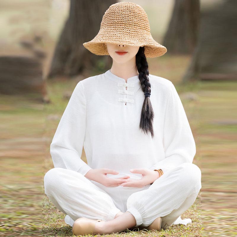 Buddha Stones 2Pcs Plain Design Top Pants Meditation Yoga Zen Tai Chi Cotton Linen Clothing Women's Set - White Front Chinese Frog Button(Top&Pants) - US8-10，UK/AU12-14，EU40-42 (2XL) - image 16