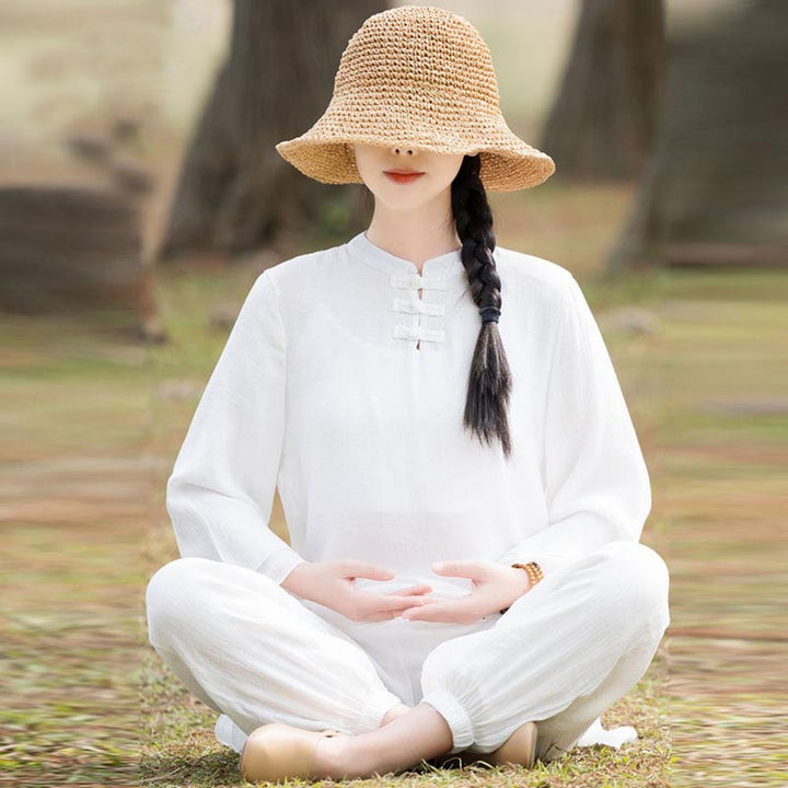 Buddha Stones 2Pcs Plain Design Top Pants Meditation Yoga Zen Tai Chi Cotton Linen Clothing Women's Set - White Front Chinese Frog Button(Top&Pants) - US8-10，UK/AU12-14，EU40-42 (2XL) - image 16