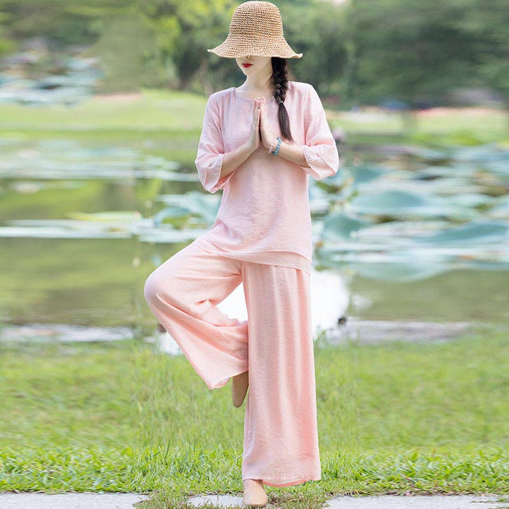 Buddha Stones 2Pcs Plain Design Top Pants Meditation Yoga Zen Tai Chi Cotton Linen Clothing Women's Set - Pink(Top&Pants) - US8-10，UK/AU12-14，EU40-42 (2XL) - image 23
