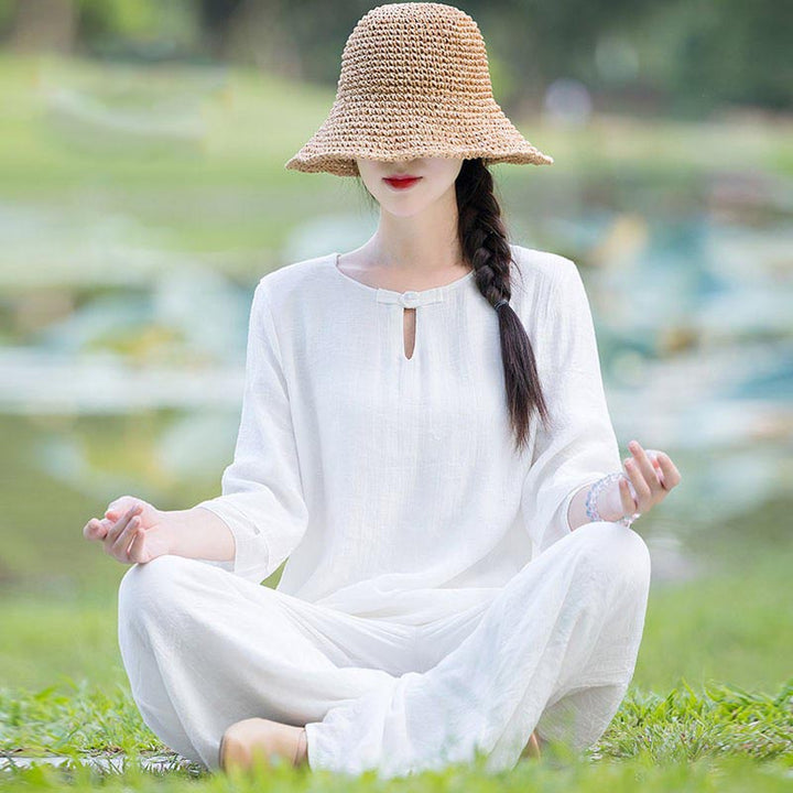 Buddha Stones 2Pcs Plain Design Top Pants Meditation Yoga Zen Tai Chi Cotton Linen Clothing Women's Set - White(Top&Pants) - US8-10，UK/AU12-14，EU40-42 (2XL) - image 24