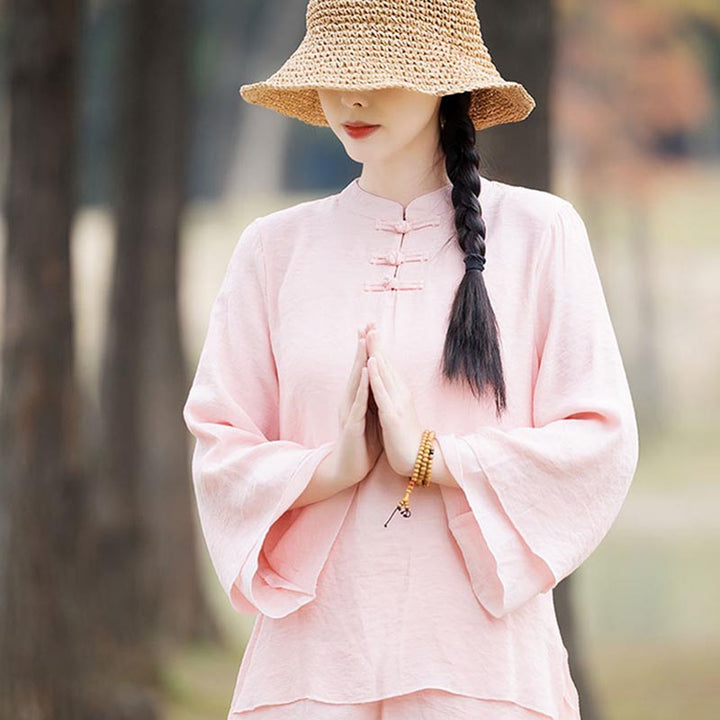 Buddha Stones 2Pcs Plain Design Top Pants Meditation Yoga Zen Tai Chi Cotton Linen Clothing Women's Set - image 3