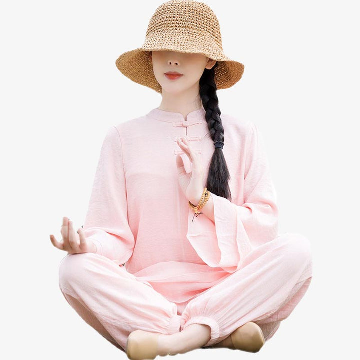 Buddha Stones 2Pcs Plain Design Top Pants Meditation Yoga Zen Tai Chi Cotton Linen Clothing Women's Set