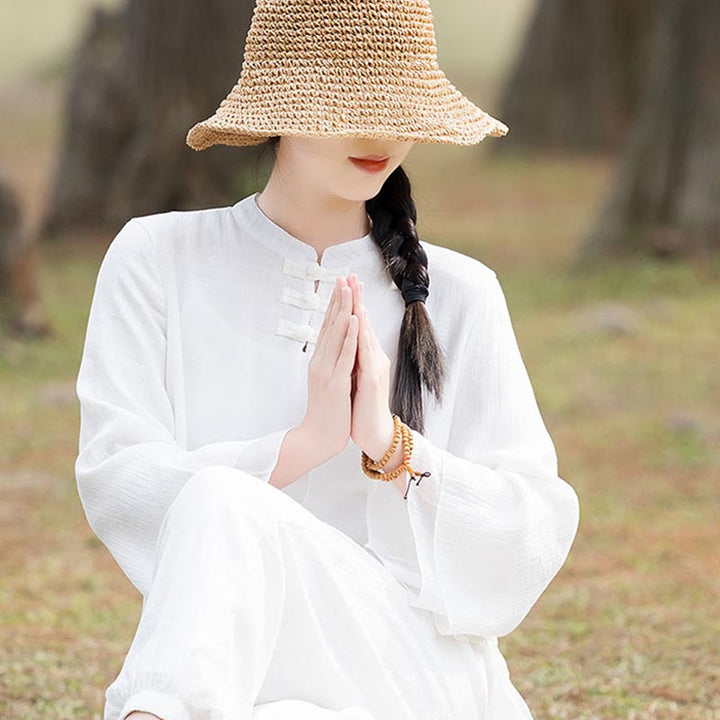 Buddha Stones 2Pcs Plain Design Top Pants Meditation Yoga Zen Tai Chi Cotton Linen Clothing Women's Set - image 18