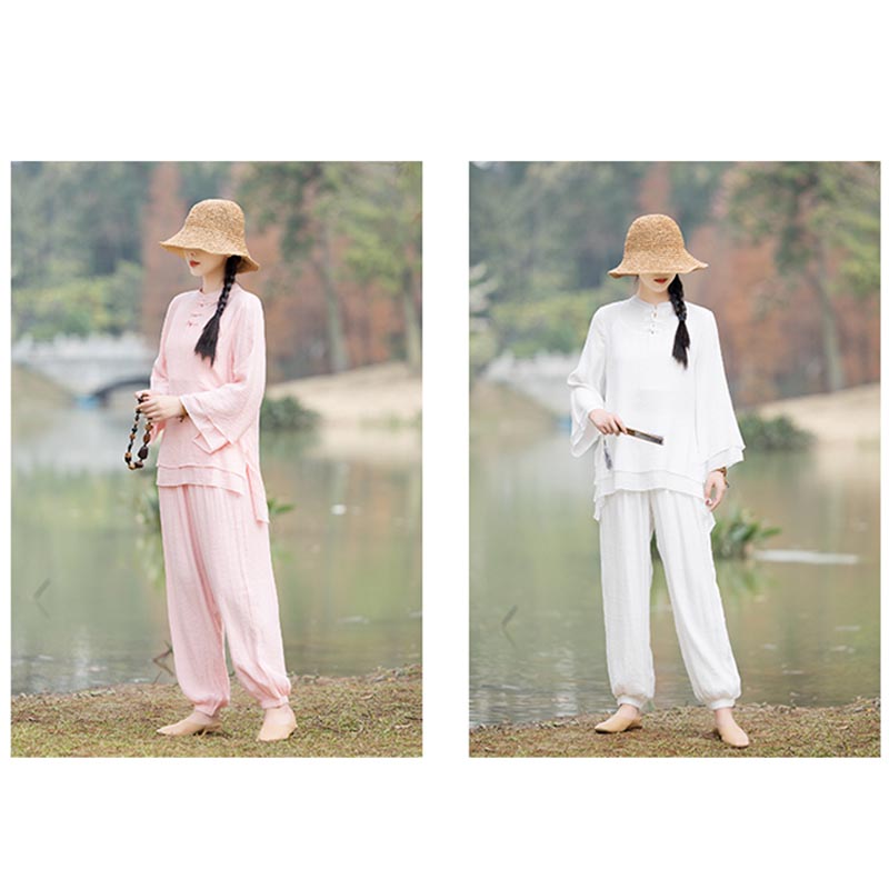 Buddha Stones 2Pcs Plain Design Top Pants Meditation Yoga Zen Tai Chi Cotton Linen Clothing Women's Set - image 22