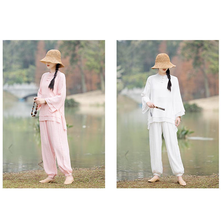 Buddha Stones 2Pcs Plain Design Top Pants Meditation Yoga Zen Tai Chi Cotton Linen Clothing Women's Set - image 22