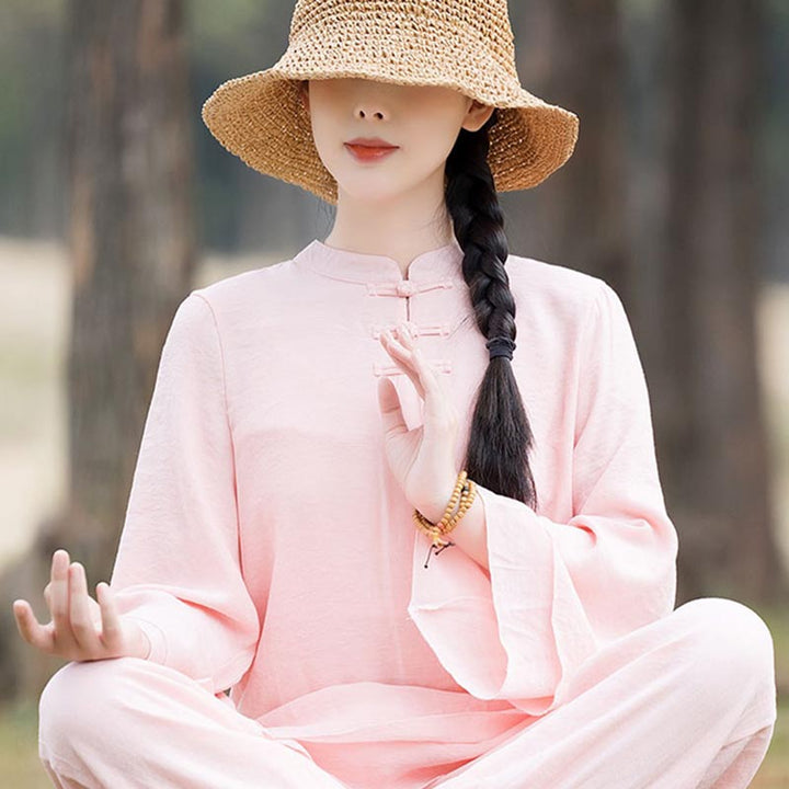 Buddha Stones 2Pcs Plain Design Top Pants Meditation Yoga Zen Tai Chi Cotton Linen Clothing Women's Set - image 14