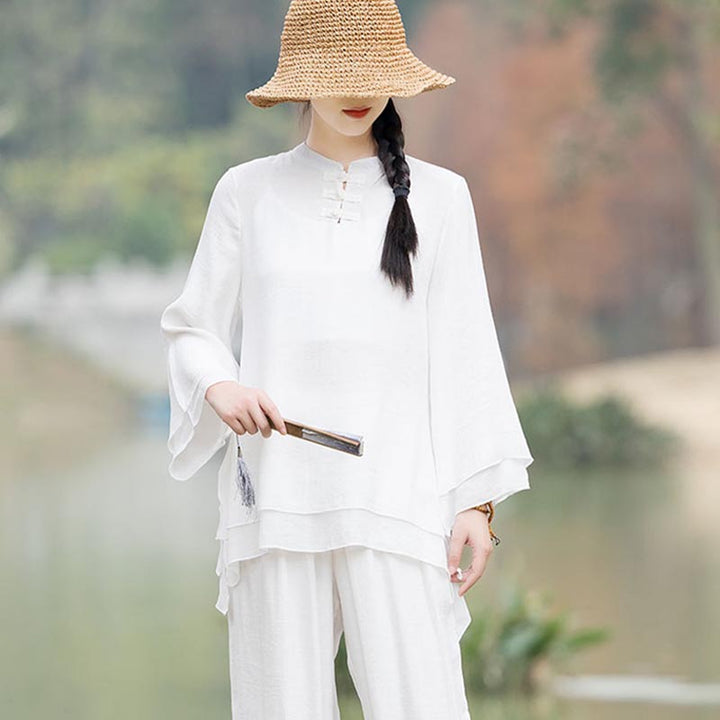 Buddha Stones 2Pcs Plain Design Top Pants Meditation Yoga Zen Tai Chi Cotton Linen Clothing Women's Set - image 21