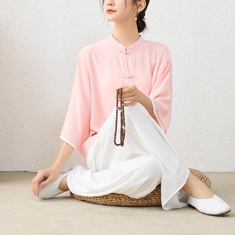 Buddha Stones 2Pcs Simple Chinese Frog Button Design Top Pants Meditation Yoga Zen Tai Chi Cotton Clothing Women's Set - image 1