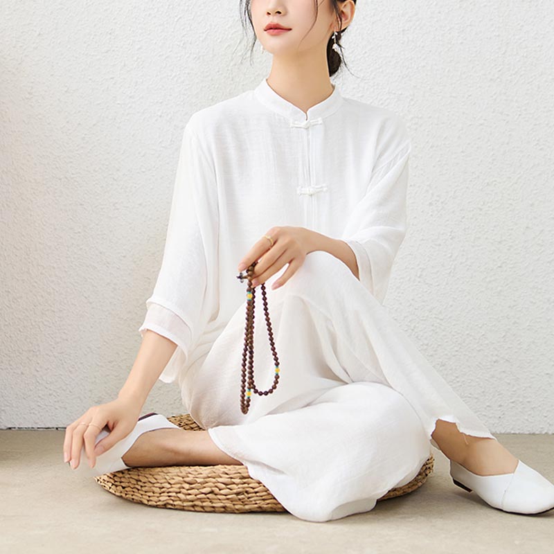 Buddha Stones 2Pcs Simple Chinese Frog Button Design Top Pants Meditation Yoga Zen Tai Chi Cotton Clothing Women's Set - White(Top&Pants) - US12，UK/AU16，EU44 (2XL) - image 8