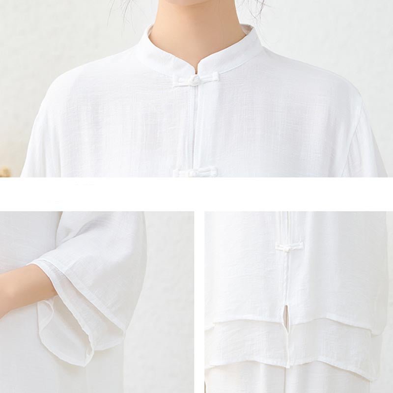 Buddha Stones 2Pcs Simple Chinese Frog Button Design Top Pants Meditation Yoga Zen Tai Chi Cotton Clothing Women's Set - image 11