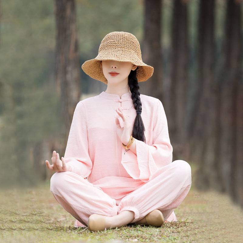 Buddha Stones 2Pcs Plain Design Top Pants Meditation Yoga Zen Tai Chi Cotton Linen Clothing Women's Set - Pink Front Chinese Frog Button(Top&Pants) - US8-10，UK/AU12-14，EU40-42 (2XL) - image 0