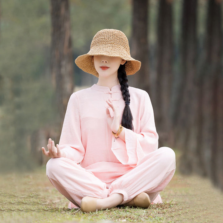 Buddha Stones 2Pcs Plain Design Top Pants Meditation Yoga Zen Tai Chi Cotton Linen Clothing Women's Set - Pink Front Chinese Frog Button(Top&Pants) - US8-10，UK/AU12-14，EU40-42 (2XL) - image 0