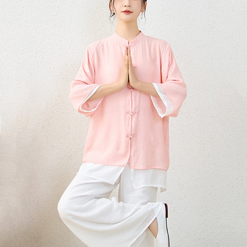 Buddha Stones 2Pcs Simple Chinese Frog Button Design Top Pants Meditation Yoga Zen Tai Chi Cotton Clothing Women's Set