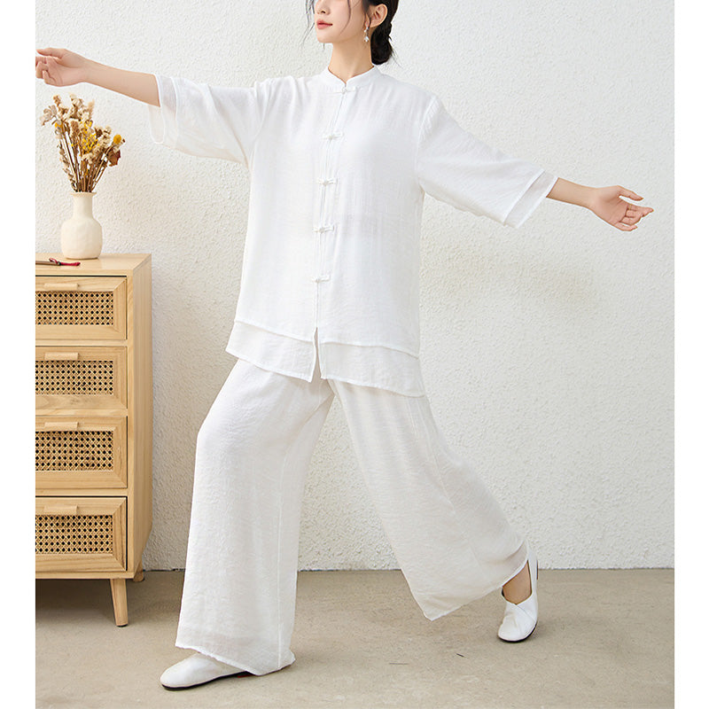 Buddha Stones 2Pcs Simple Chinese Frog Button Design Top Pants Meditation Yoga Zen Tai Chi Cotton Clothing Women's Set - image 20