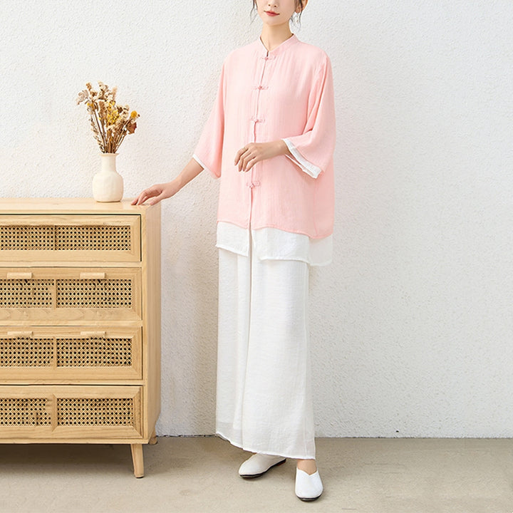 Buddha Stones 2Pcs Simple Chinese Frog Button Design Top Pants Meditation Yoga Zen Tai Chi Cotton Clothing Women's Set - image 5