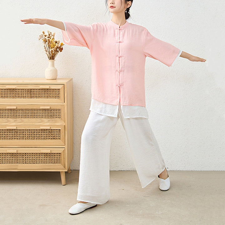 Buddha Stones 2Pcs Simple Chinese Frog Button Design Top Pants Meditation Yoga Zen Tai Chi Cotton Clothing Women's Set - image 7