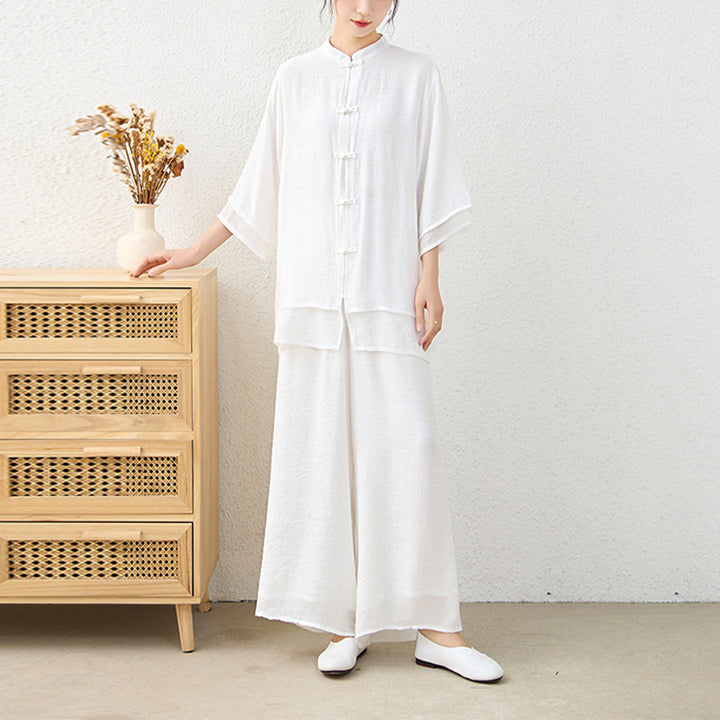 Buddha Stones 2Pcs Simple Chinese Frog Button Design Top Pants Meditation Yoga Zen Tai Chi Cotton Clothing Women's Set - image 18