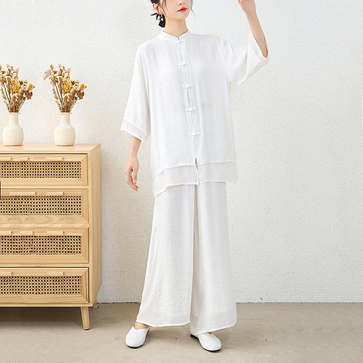 Buddha Stones 2Pcs Simple Chinese Frog Button Design Top Pants Meditation Yoga Zen Tai Chi Cotton Clothing Women's Set - image 17