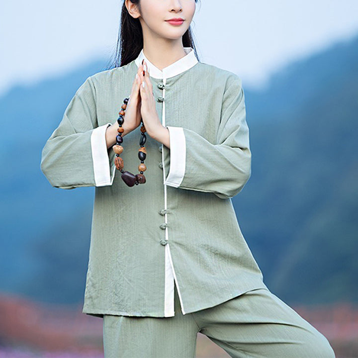 Buddha Stones 2Pcs Tang Suit Top Pants Meditation Yoga Zen Tai Chi Cotton Linen Clothing Women's Set